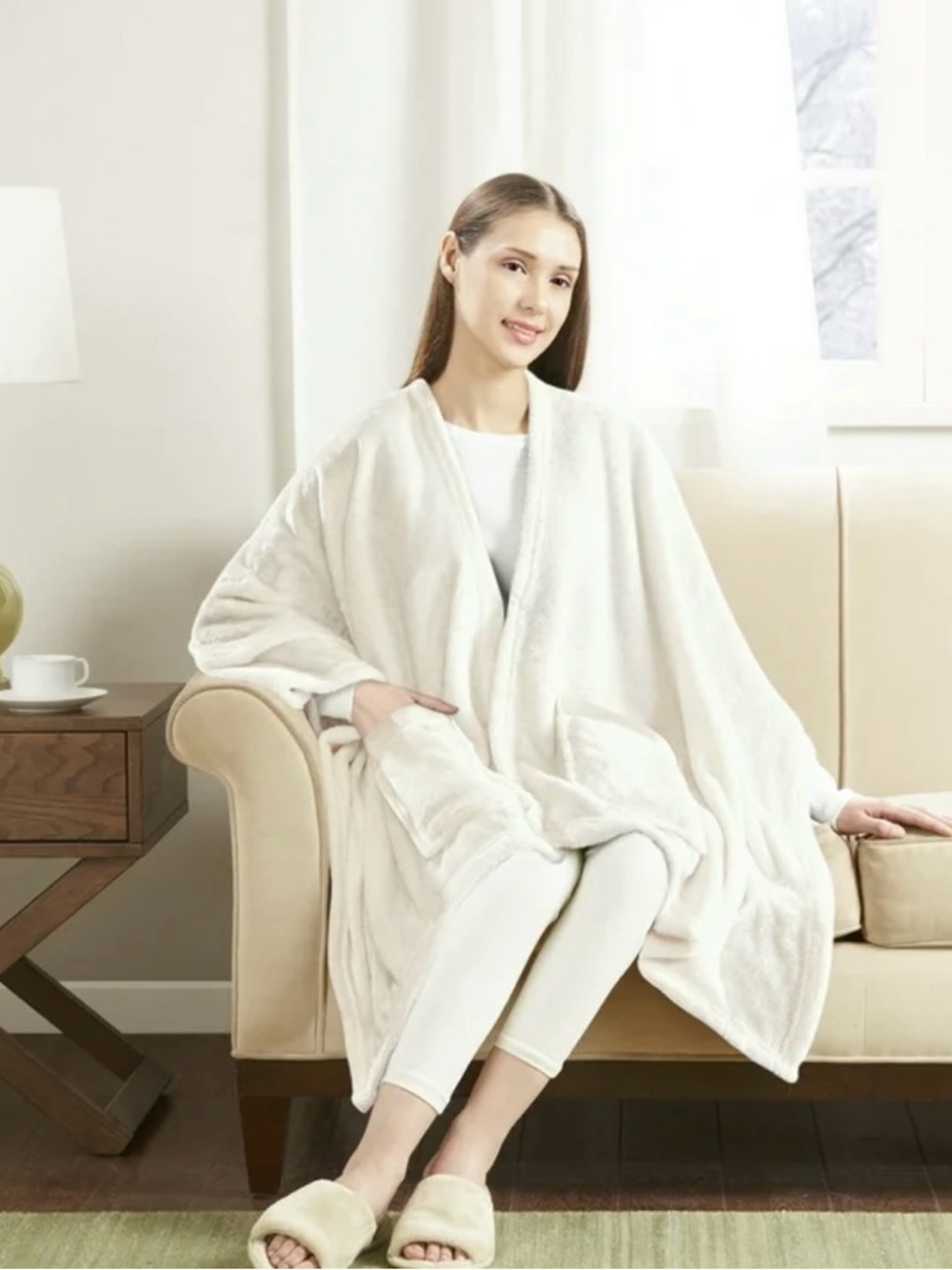 Wearable Angel Wrap Plush Throw Blanket with Pockets, Cream - Picture 2 of 3
